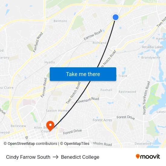 Cindy Farrow South to Benedict College map