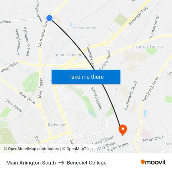 Main Arlington South to Benedict College map