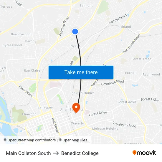 Main Colleton South to Benedict College map