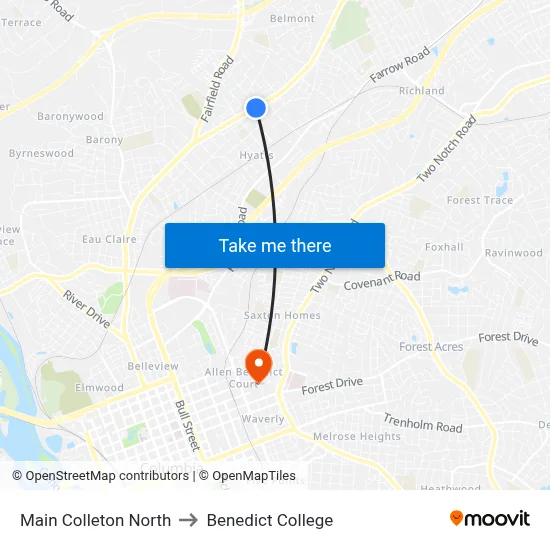 Main Colleton North to Benedict College map