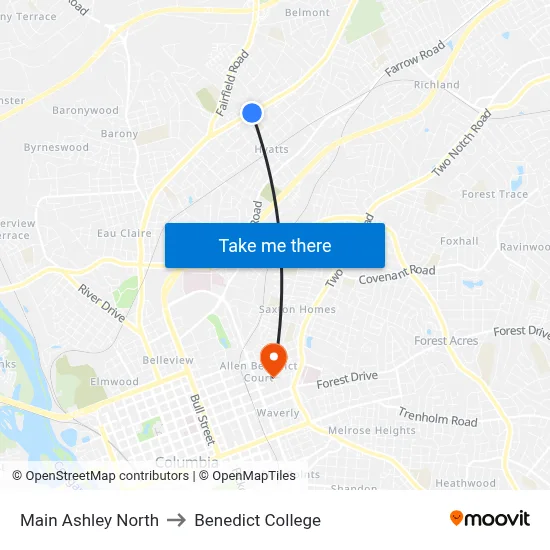 Main Ashley North to Benedict College map