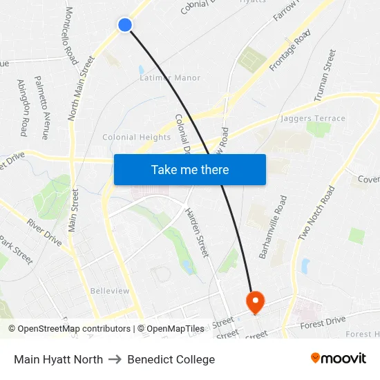 Main Hyatt North to Benedict College map