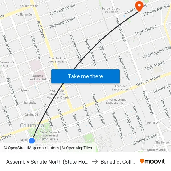Assembly Senate North (State House) to Benedict College map