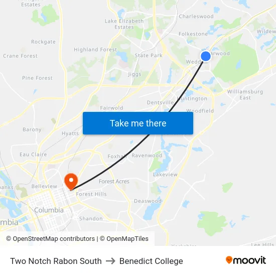 Two Notch Rabon South to Benedict College map