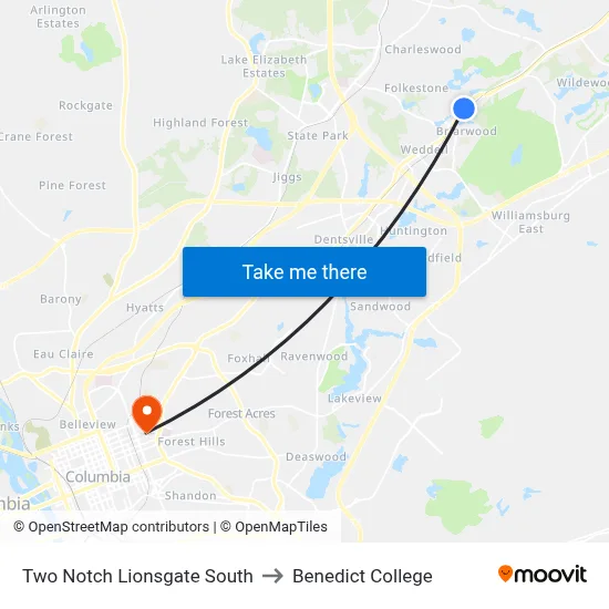 Two Notch Lionsgate South to Benedict College map