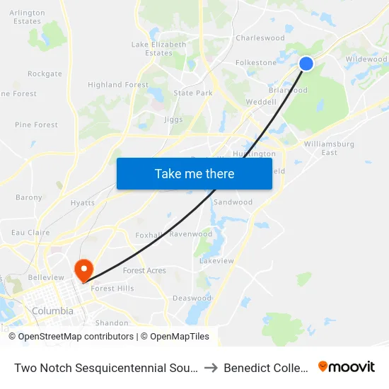 Two Notch Sesquicentennial South to Benedict College map
