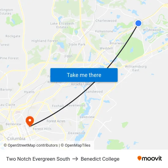 Two Notch Evergreen South to Benedict College map