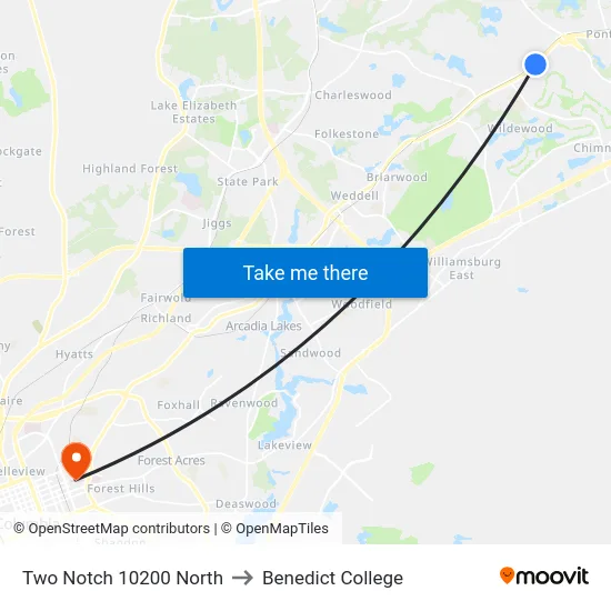 Two Notch 10200 North to Benedict College map
