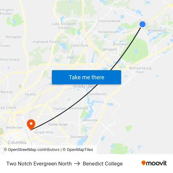 Two Notch Evergreen North to Benedict College map
