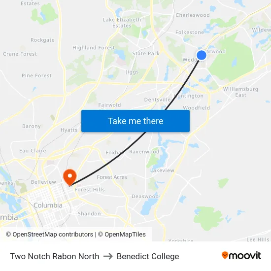 Two Notch Rabon North to Benedict College map