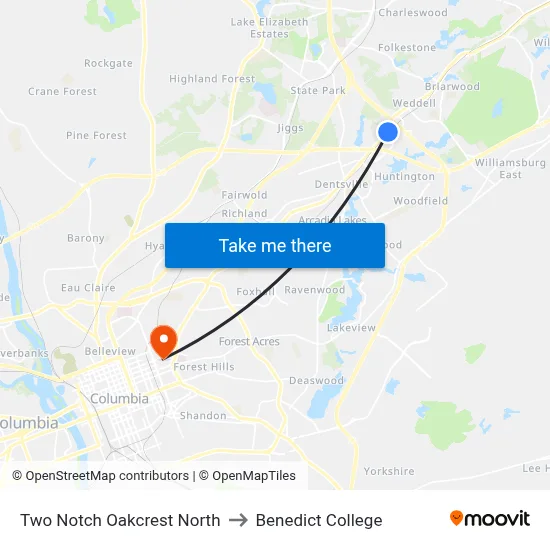 Two Notch Oakcrest North to Benedict College map