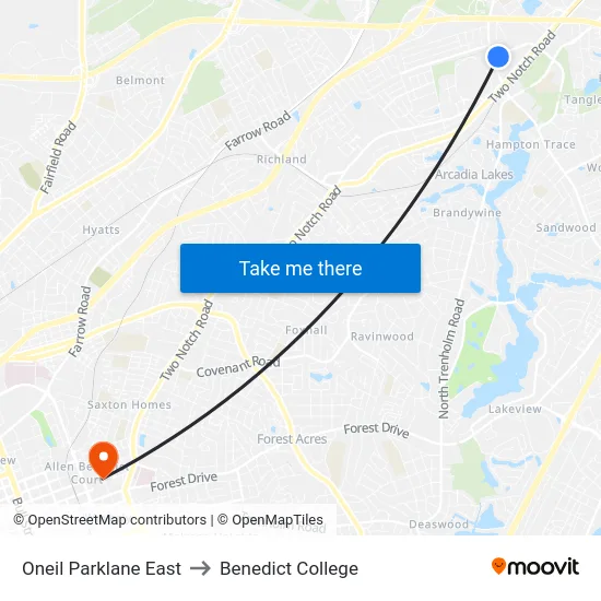 Oneil Parklane East to Benedict College map