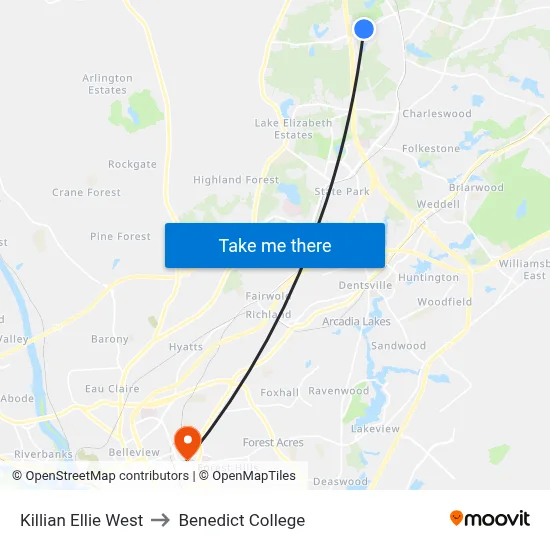 Killian Ellie West to Benedict College map