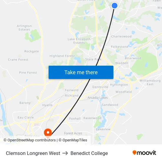 Clemson Longreen West to Benedict College map