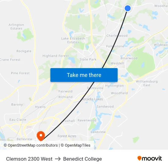 Clemson 2300 West to Benedict College map