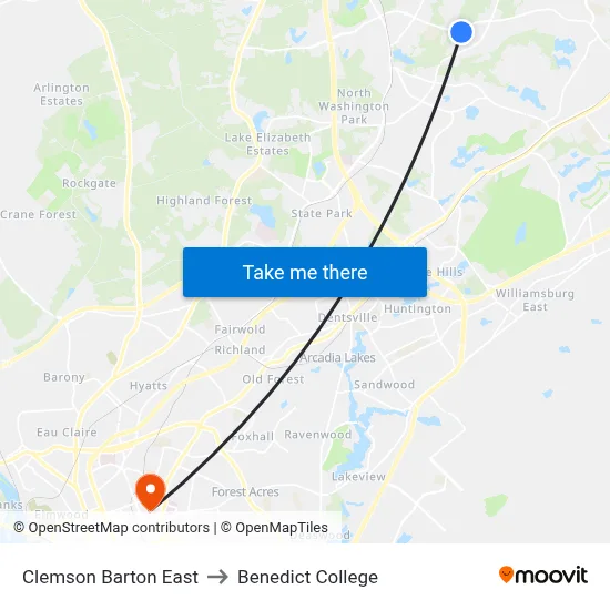 Clemson Barton East to Benedict College map
