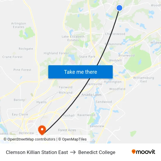 Clemson Killian Station East to Benedict College map
