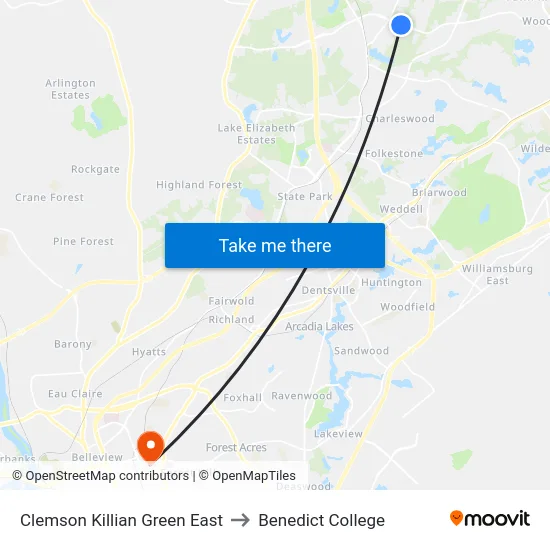 Clemson Killian Green East to Benedict College map