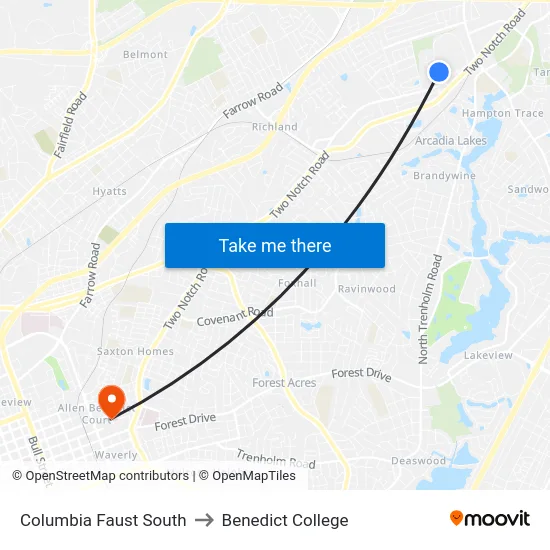Columbia Faust South to Benedict College map