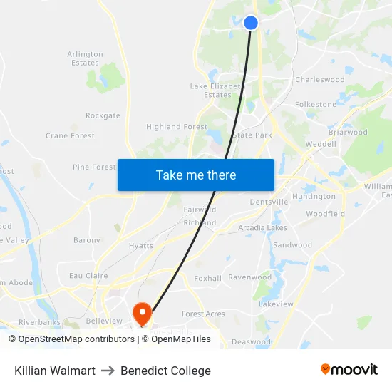 Killian Walmart to Benedict College map