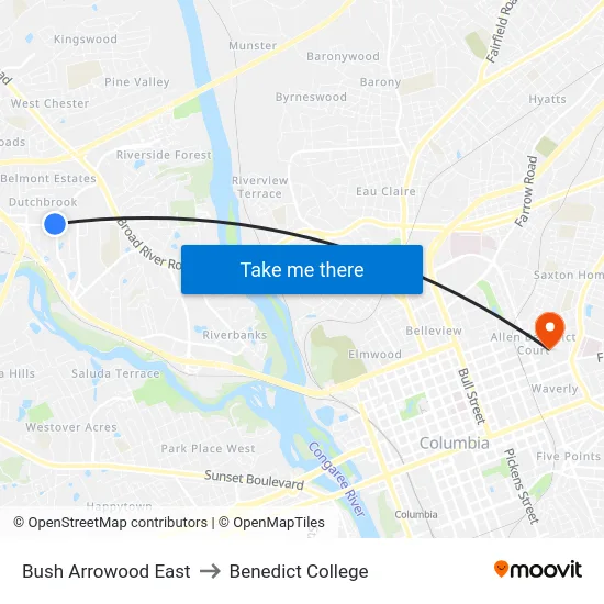 Bush Arrowood East to Benedict College map