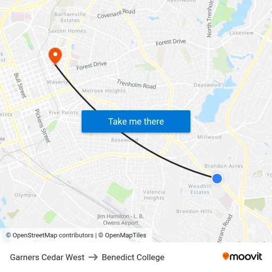 Garners Cedar West to Benedict College map
