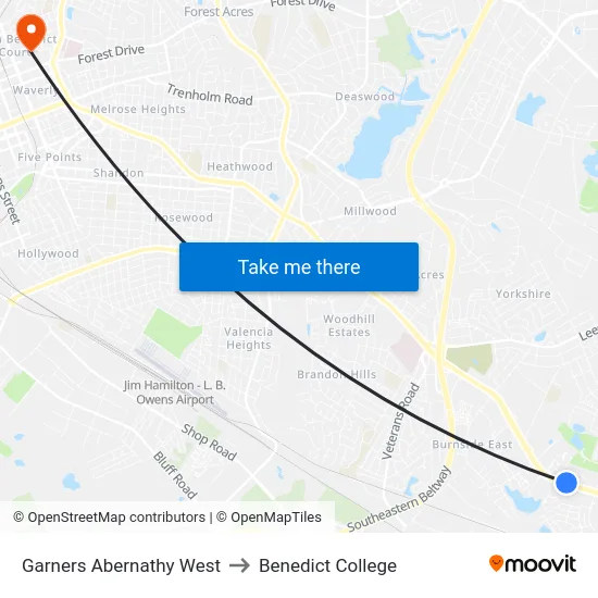 Garners Abernathy West to Benedict College map