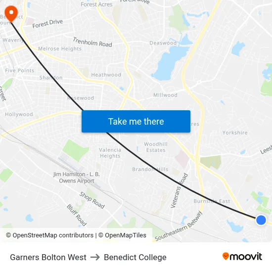 Garners Bolton West to Benedict College map