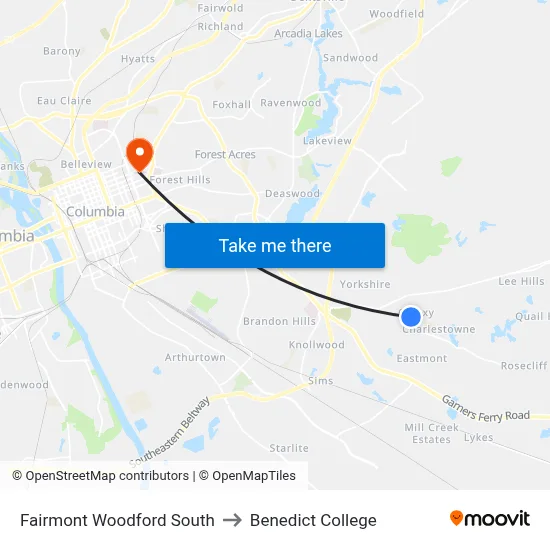 Fairmont Woodford South to Benedict College map