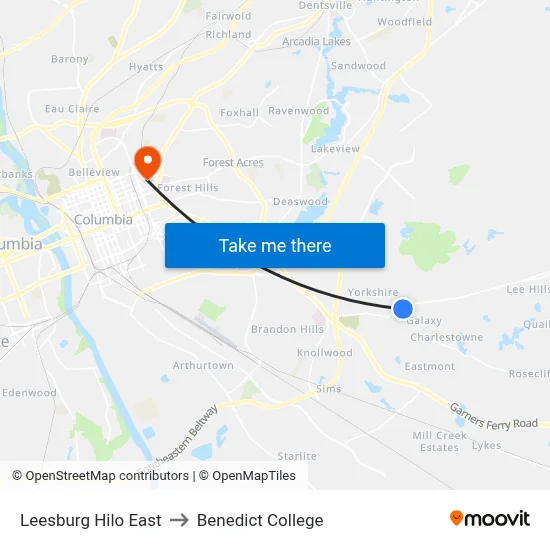 Leesburg Hilo East to Benedict College map