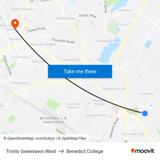 Trinity Greenlawn West to Benedict College map