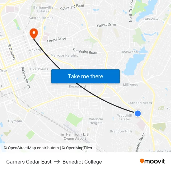 Garners Cedar East to Benedict College map