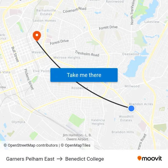 Garners Pelham East to Benedict College map