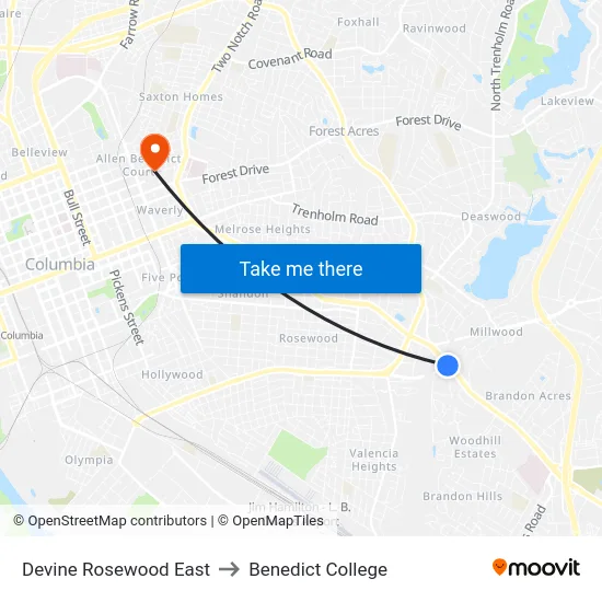 Devine Rosewood East to Benedict College map