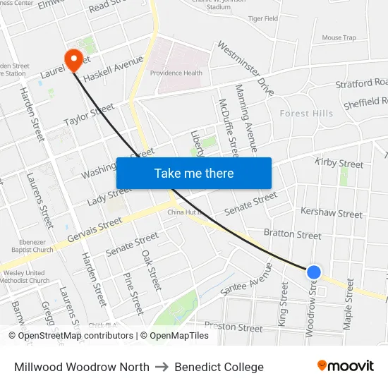 Millwood Woodrow North to Benedict College map
