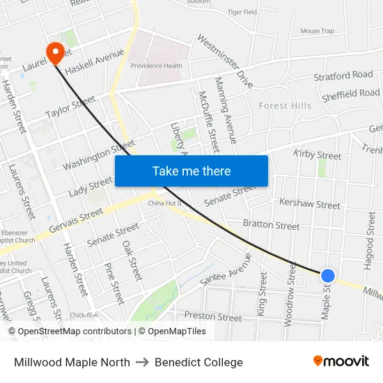 Millwood Maple North to Benedict College map