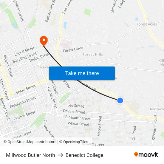 Millwood Butler North to Benedict College map
