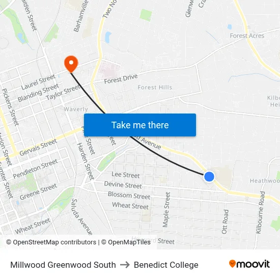 Millwood Greenwood South to Benedict College map