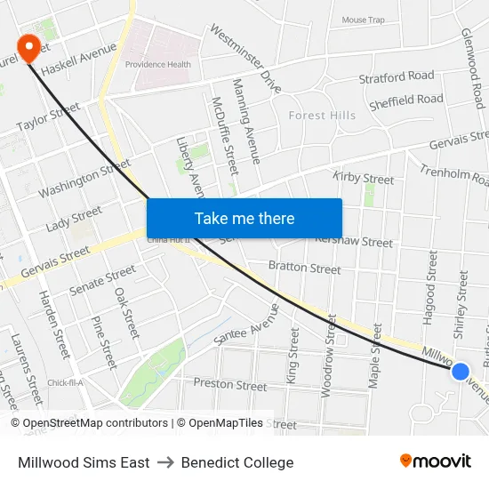 Millwood Sims East to Benedict College map