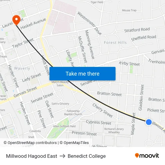 Millwood Hagood East to Benedict College map