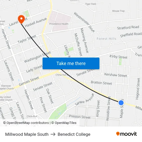 Millwood Maple South to Benedict College map