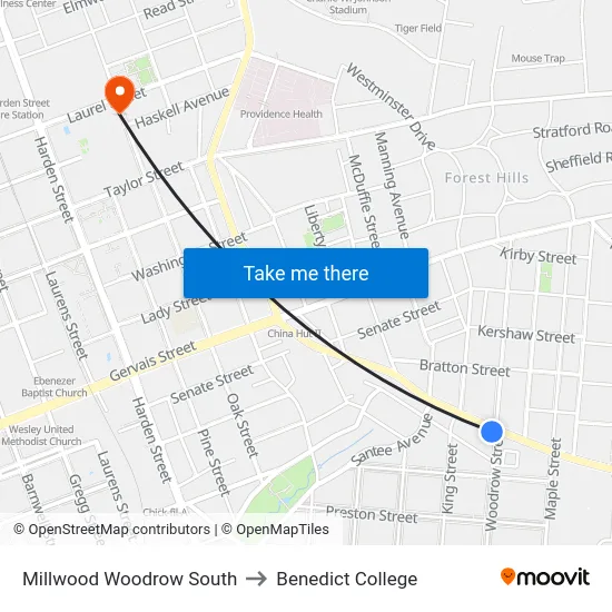 Millwood Woodrow South to Benedict College map