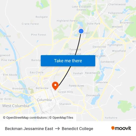Beckman Jessamine East to Benedict College map