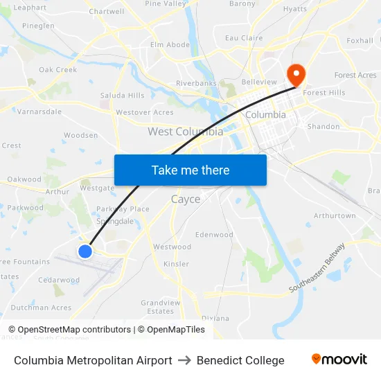 Columbia Metropolitan Airport to Benedict College map