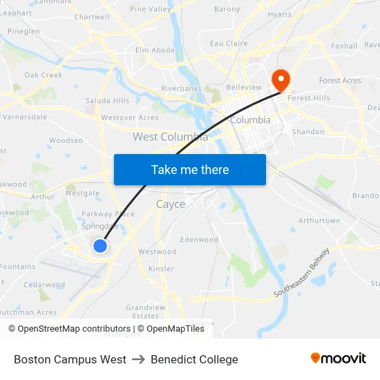 Boston Campus West to Benedict College map