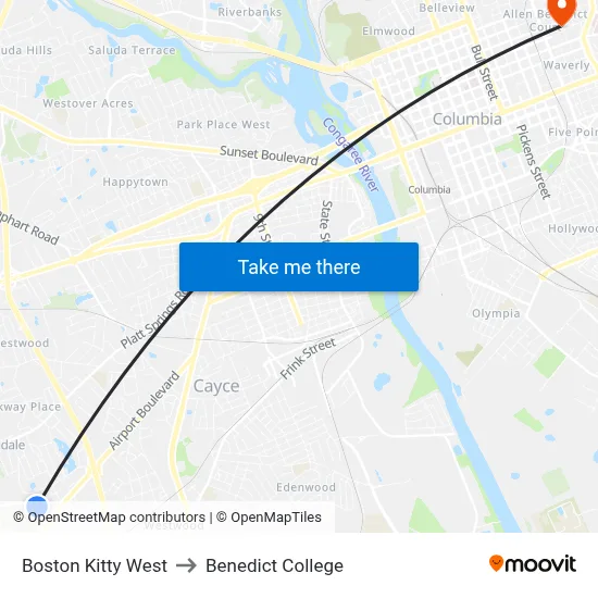 Boston Kitty West to Benedict College map