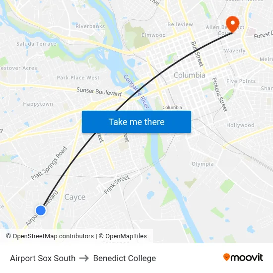 Airport Sox South to Benedict College map