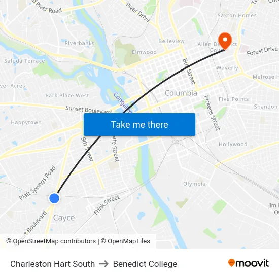 Charleston Hart South to Benedict College map