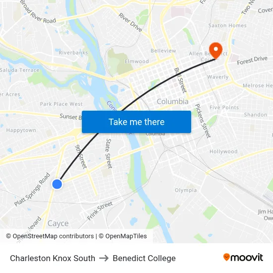 Charleston Knox South to Benedict College map