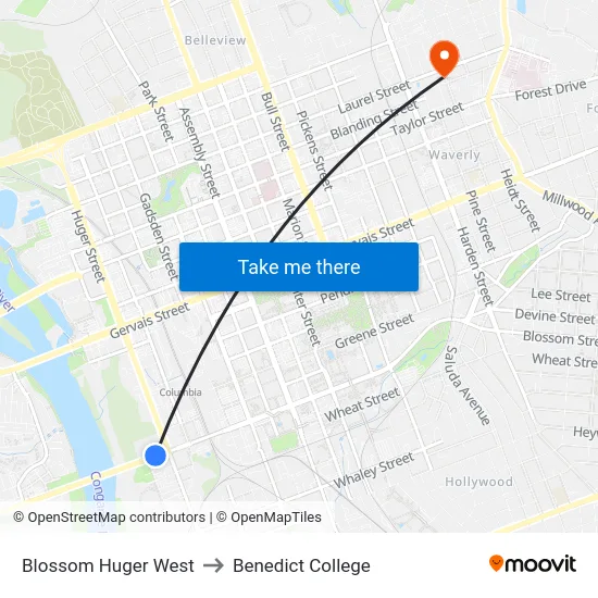 Blossom Huger West to Benedict College map